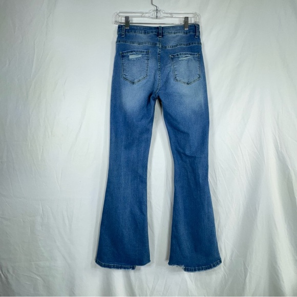 Women’s Distressed Light Wash High Rise Flare Leg Stretch Denim Jeans - Picture 5 of 7